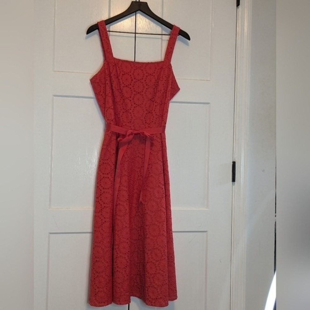 Josephine Chaus Coral Eyelet Midi Sundress Womens 8 Square Neck Belted A-Line